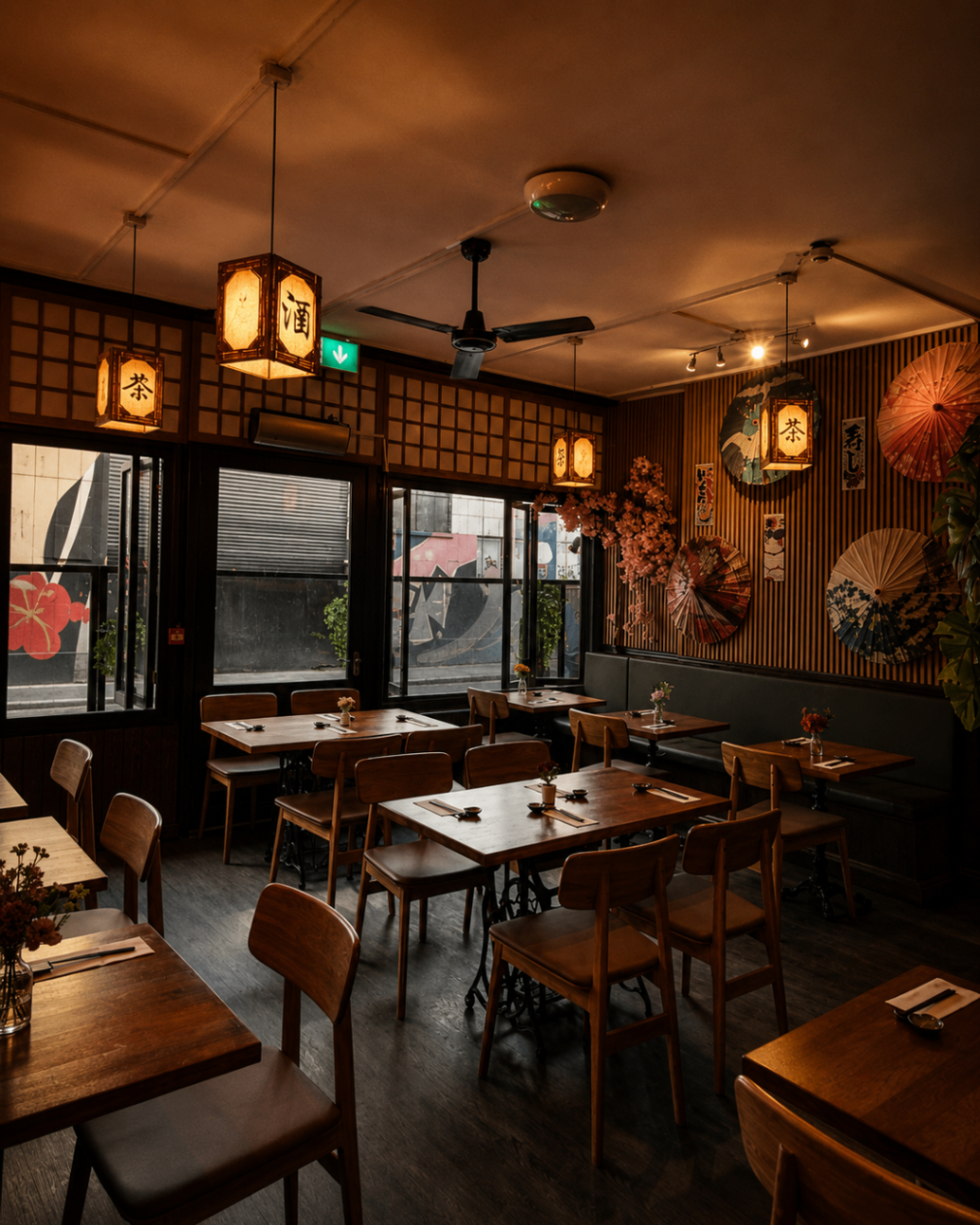 Izushi dining room with warm lanterns and wooden tables